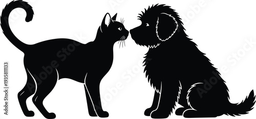 Cat and dog silhouette vector illustration, cute pets facing each other, friendship concept animal design, black pet silhouettes isolated logo tattoo icon set