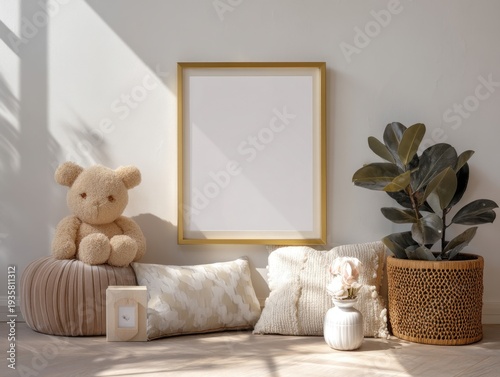 Cozy corner with plush toy and gold frame. Soft pillows rest beside a potted plant. Natural light casts gentle shadows across the scene. Wooden floor complements the warm, minimalist setup