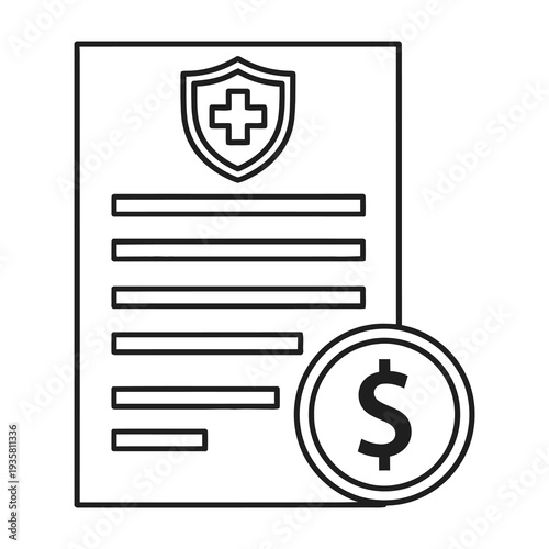 Modern minimalist document symbolizing secure financial health insurance agreement with shield emblem and currency coin graphic for corporate branding or trustworthy service illustration