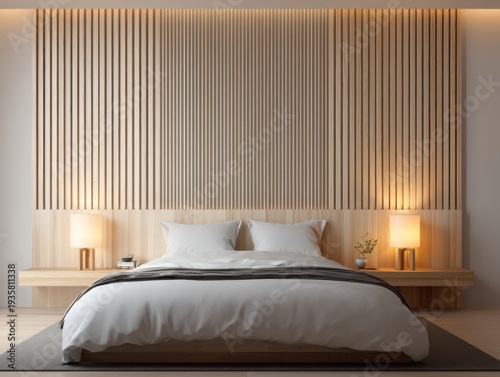 Minimalist bedroom with warm wooden paneling. Soft lighting highlights the elegant design. White bedding creates a serene, cozy atmosphere. Modern bedside tables hold simple lamps