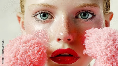 Young woman with light skin and bright red lips poses with fluffy pink accessories, showcasing vibrant makeup and striking blue eyes against a neutral background