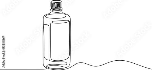 A clear product bottle with a screw top lid is depicted using a fluid, unbroken black line on white