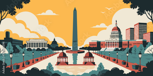 USA, US, U.S, United States - Washington DC Skyline Sunrise Over the National Mall – Warm Golden Sky Ultra‑Wide Panoramic Flat Vector Illustration | USA Capital Landmark Art