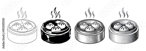 Four black and white illustrations of steamed dumplings in a bamboo steamer, showcasing a collection of different artistic styles including line art, brush stroke, engraving, and stippling
