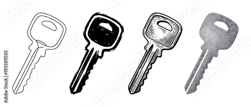 Four key illustrations in different artistic styles including line art, sketch, engraving, and stippling, showcasing a collection of graphic design techniques for security concepts