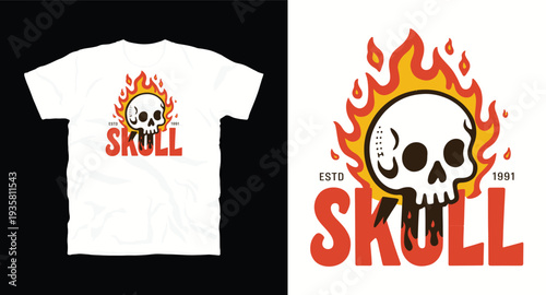 Skull on fire with text "SKULL ESTD 1991", vintage t-shirt design graphic