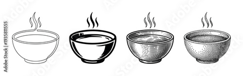 Four steaming bowls of hot soup or tea are illustrated in a collection of different artistic styles, including line art, graphic, vintage engraving, and stippling techniques