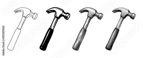 Set of four hammer illustrations showing different artistic styles including line art, solid graphic, vintage engraving, and pointillism for craftsmanship concepts