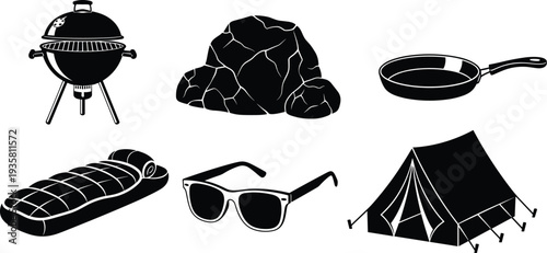 Camping equipment vector icon set, barbecue grill, tent, sleeping bag, frying pan, sunglasses and rocks, outdoor adventure camping illustration