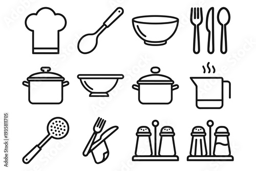 Kitchenware Icon Set: Chef Hat, Spoon, Bowl, Cutlery, Pots, Colander, Jug, Skimmer, Salt Shakers