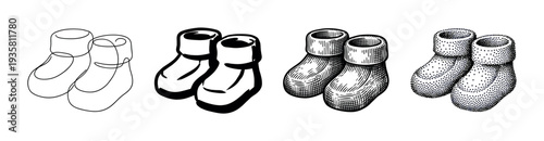 Set of hand-drawn winter felt boots shown in four different graphic styles including continuous line art, bold brush strokes, classic hatching, and detailed stippling