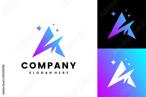 Dynamic abstract letter A logo design featuring a celestial mountain peak with glowing stars, ideal for modern tech, startup, and corporate branding symbolizing aspiration, innovation, and digital