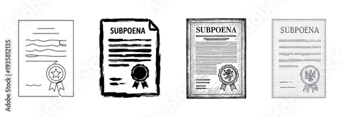 Set of four subpoena document illustrations in different artistic styles including line art, grunge, engraving, and pixelated dot matrix, each featuring a seal and text