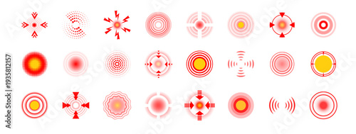 Red pain point ripple target set. Concentric circle pulse wave with glowing highlight. Circular radar signal with stress spot. Medicine health icon vector design