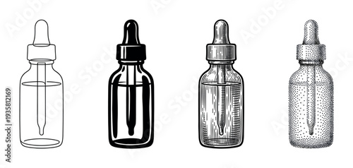 Four dropper bottles with serum or oil illustrated in various artistic styles including line art, solid black, vintage engraving, and stippling for cosmetic or medical concepts