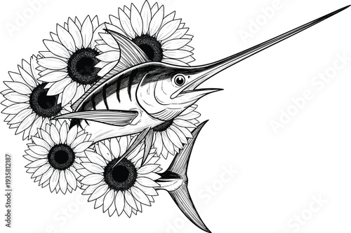 Hand drawn marlin fish with sunflower bouquet vector illustration isolated on white background nautical floral sketch marine animal botanical art