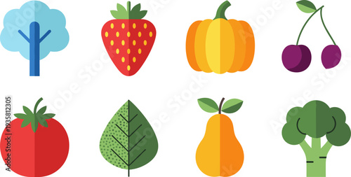 Flat Nature and Food Icon Set Featuring Tree, Strawberry, Pumpkin, Cherry, Tomato, Leaf, Pear and Broccoli for Organic Agriculture and Healthy Food Design