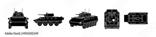 Armored personnel carrier vehicle black silhouette illustrations showing multiple orthographic and isometric views for a technical blueprint or schematic design of military transport