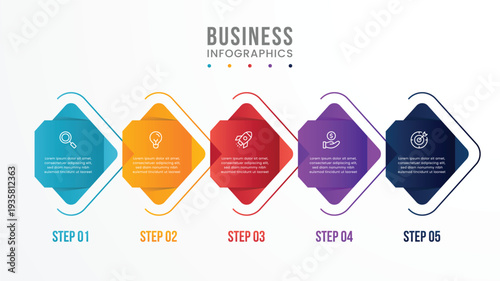 Modern 5 step business infographic template with colorful shapes and icons. Perfect for timeline, workflow, presentation, and process diagrams. Clean vector design for corporate reports.