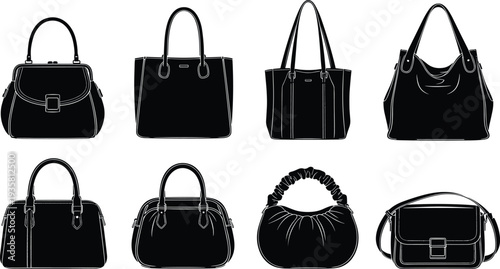 Black silhouette of fashionable womens handbag collection with different styles like tote satchel hobo and crossbody bags isolated on white background vector illustration