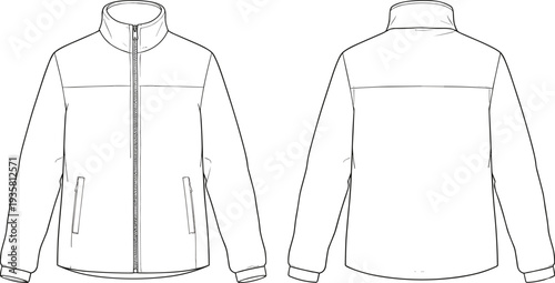 Black and white technical flat sketch of jacket front and back views with high collar, zipper, pockets, seam details, long sleeves, and fashion design template.