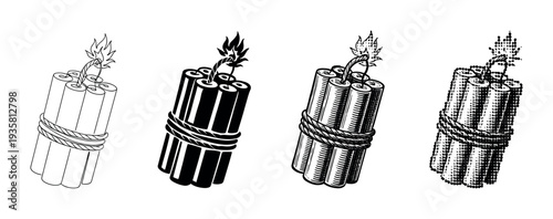 Set of four dynamite bundles with a lit fuse presented in various monochrome graphic styles including line art, silhouette, vintage engraving, and halftone dot pattern