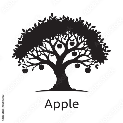 Apple tree silhouette with hanging fruits isolated on white background, black vector illustration