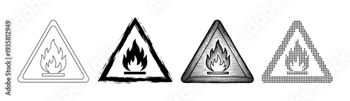 Set of four flammable warning signs with a flame symbol, showcasing different artistic styles including line art, grunge, engraving, and dotted halftone for hazard communication