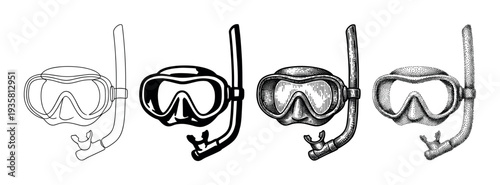 Set of four diving masks and snorkels illustrated in different artistic styles, including line art, silhouette, vintage engraving, and stippling for a graphic design collection