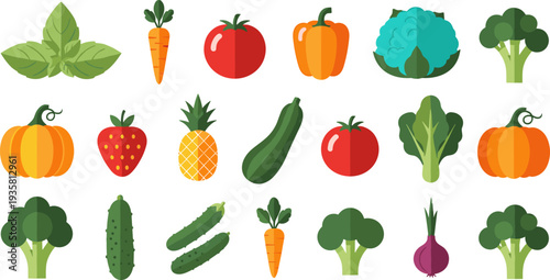 Fresh Vegetable Icon Set with Tomato, Carrot, Broccoli, Pumpkin, Cucumber, Pepper and Leafy Greens for Healthy Food Design, Organic Farming and Nutrition Illustration