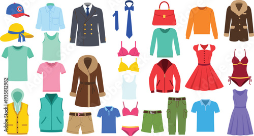 Clothing and fashion apparel collection, casual and formal outfits including shirts jackets dresses hats and accessories, vector illustration isolated