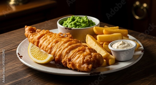 A plate of fish and chips with mushy peas