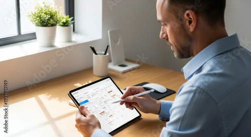 Businessman planning schedule on digital tablet at modern office desk