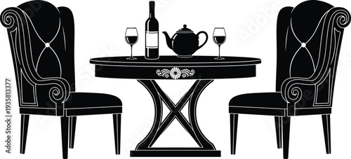 Black silhouette of luxury baroque dining table with wine bottle glasses teapot and two ornate armchairs isolated on white background vector illustration