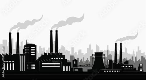 A black and white vector graphic illustration of an industrial cityscape with smokestacks and factories