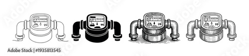 Set of four water meter illustrations in different artistic styles including simple line art, solid silhouette, detailed engraving, and classic stippling for utility concepts