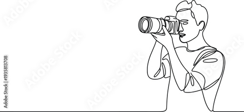 A continuous single line drawing depicts a man holding a professional DSLR camera ready to capture a moment