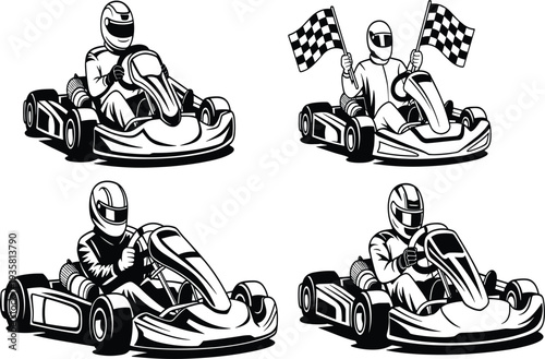 Go kart racing vector set with professional drivers in helmets, checkered flags, and high speed competitive motorsport