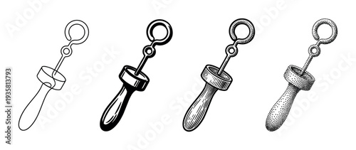 Four black and white bubble wand illustrations presented in a collection of various artistic techniques like line art, solid silhouette, detailed hatching, and pointillism