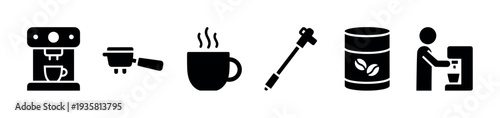 Set of black coffee making icons showing an espresso machine, portafilter, steaming mug, milk frother, bean container, and dispenser in a solid glyph style