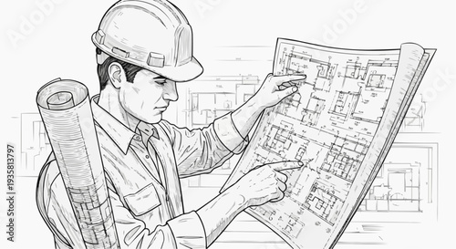 A construction worker in a hard hat reviews blueprints on a building site