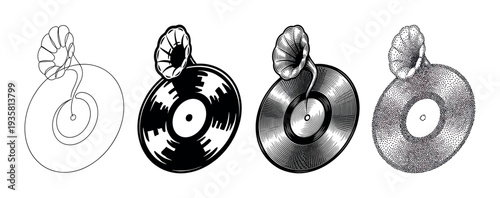 Set of four gramophone and vinyl record illustrations showing different artistic styles like one-line drawing, stencil, engraving, and stippling for a retro music concept