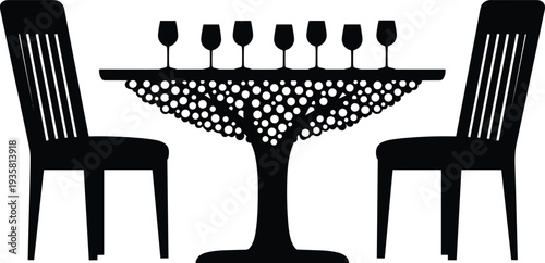Black silhouette of modern dining table with decorative lace tablecloth wine glasses and two chairs isolated on white background vector illustration for events