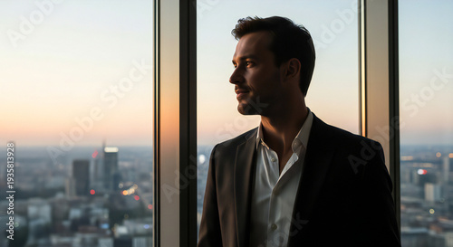 Confident businessman looking out office window at sunset