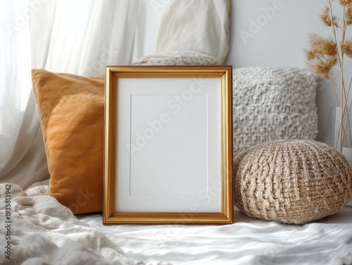 Golden frame rests on soft blankets. Cushions surround the frame in warm tones. Knitted textures add cozy, rustic charm. Dried grasses lean gently beside the frame