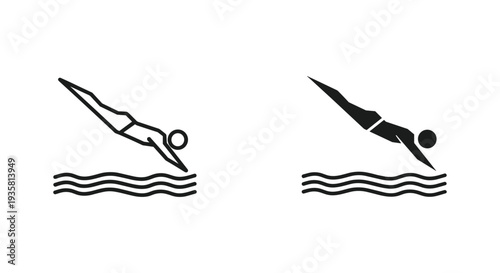 Set of black vector illustrations featuring the silhouette of a man jumping with a sword and a wild eagle flying with outspread wings against a nature sky background