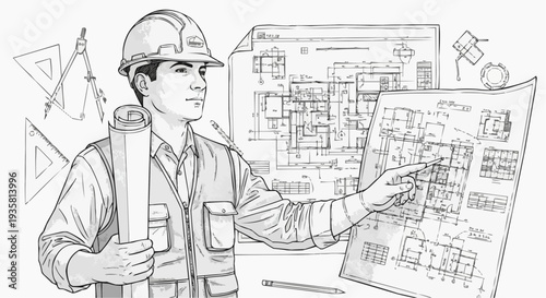 A construction worker in a hard hat examines architectural blueprints in a detailed vector illustration.
