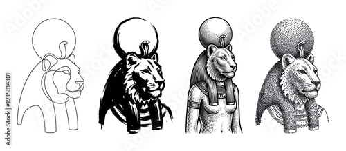Four illustrations of the ancient Egyptian goddess Sekhmet show the powerful deity in different artistic styles, from one-line art and brushstroke to engraving and stippling