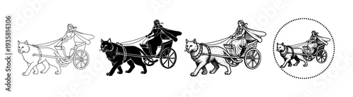 Set of four vintage illustrations of a mythical goddess riding a chariot pulled by a large cat, shown in outline, silhouette, and detailed engraving styles for a classic look