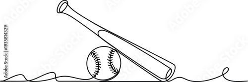 A continuous single line drawing illustrates a classic baseball bat resting against a traditional baseball ready for play
